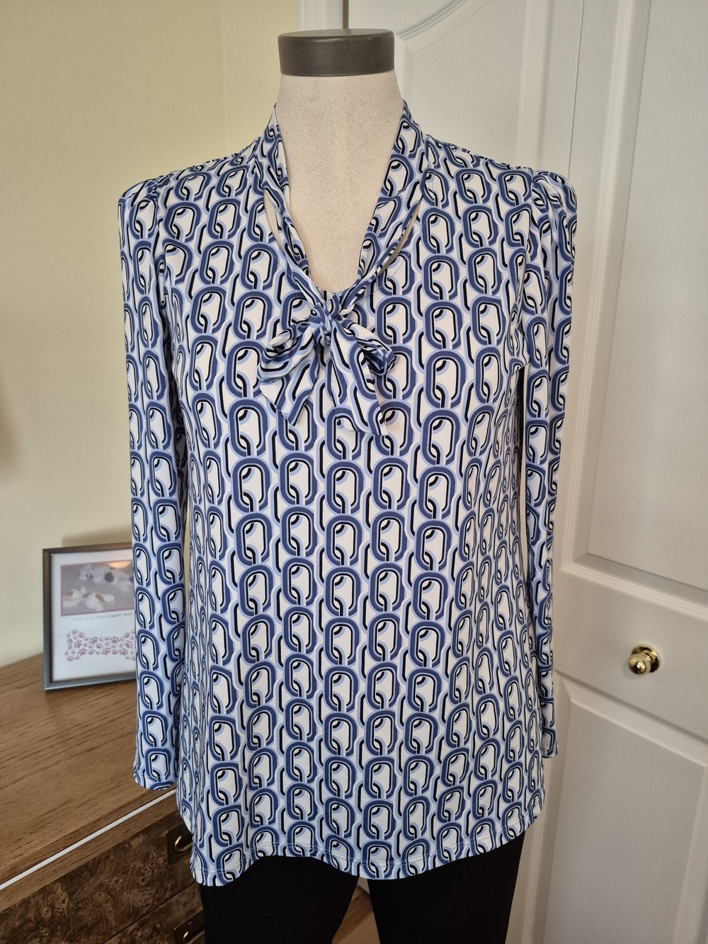 Kim & Co Blue & White Geometric Tie-Neck Blouse